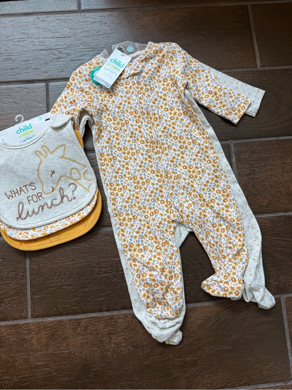 Carter's Mustard Floral Footed One-Piece Set with matching bibs